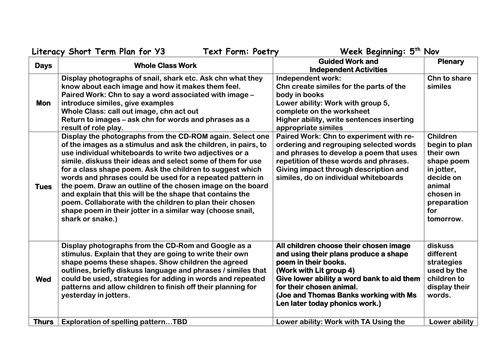 Simile Shape Poems Plan Y3