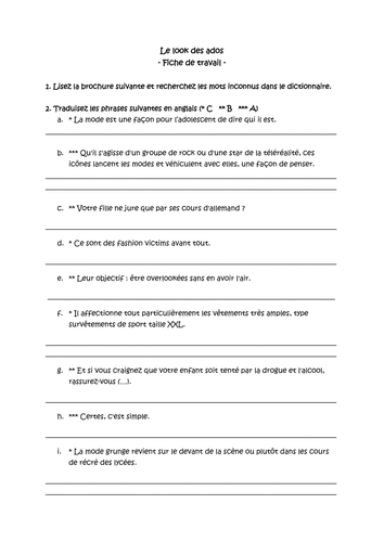 Le look des ados - worksheet