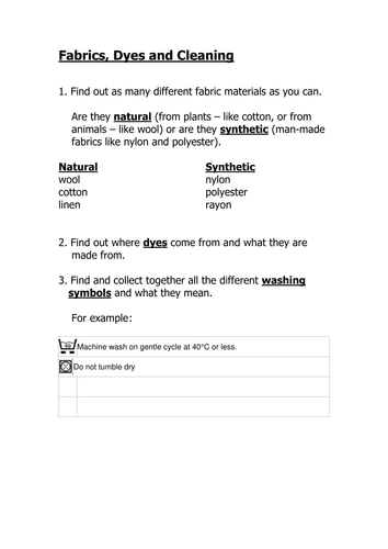 Fabrics worksheet