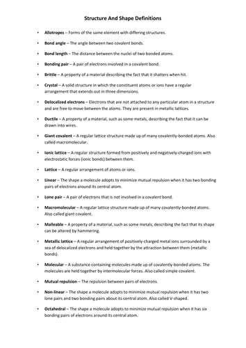 AS Atomic Shape and Bonding Definitions