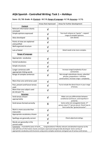 AQA Controlled Assessment writing - feedback sheet