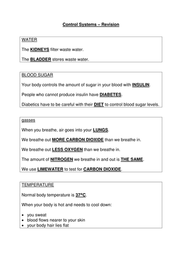 homeostasis revision sheet