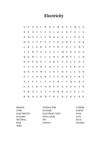 Electricity Wordsearch