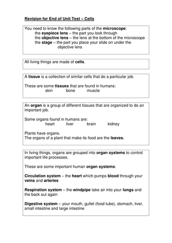 cells revision sheet