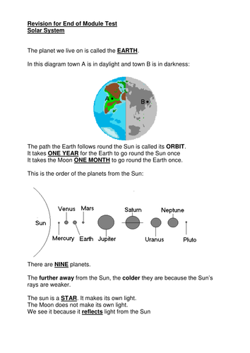 solar system revision sheet