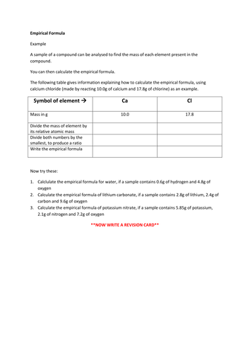 Empirical Formula Worksheet Teaching Resources 7925