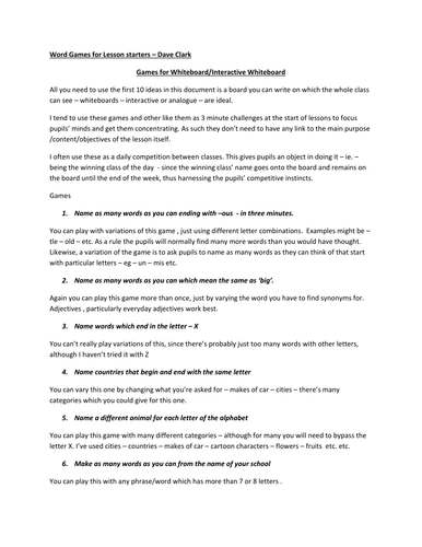 Word Game Ideas for lesson starters