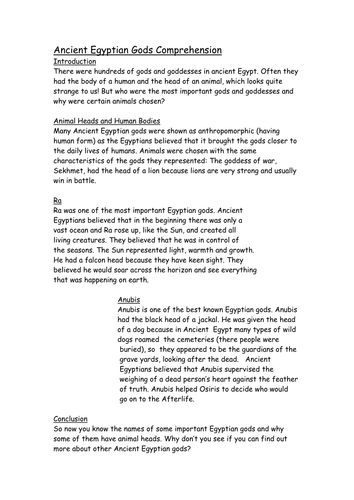 Egyptian God reading comprehension+Smartboard