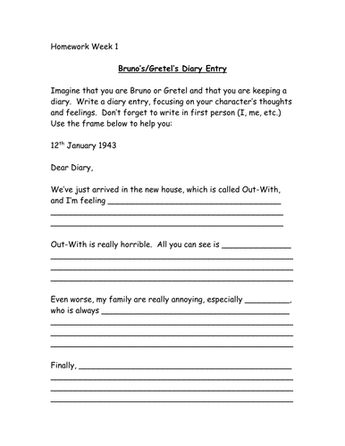 Boy in the Striped Pajamas homework sheets