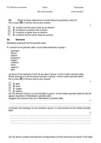 Edexcel C2.1 AfL Atomic Structure Assess + Inform