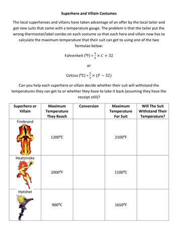 Superheroes and Villains Temperature Conversions