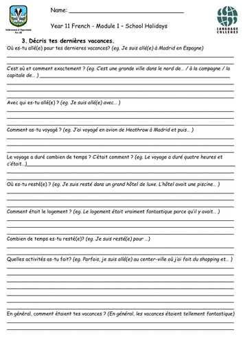 Controlled assessment prep- AQA - Mes Vacances