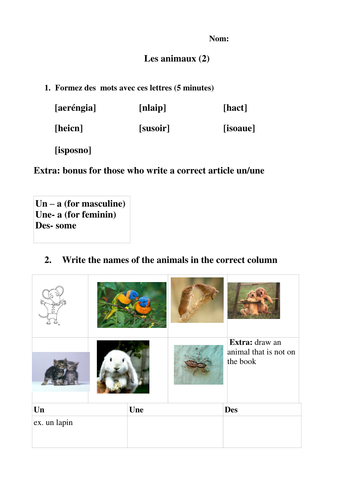 Les animaux Tasksheet