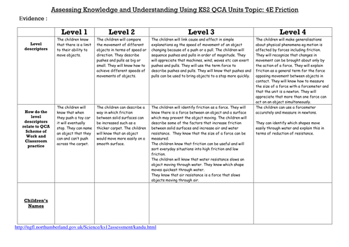 Northumberland science assessment grids - Year 4