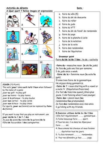 Leisure activities faire + du/de la/de l'/des | Teaching Resources