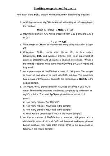Limiting reagents and % purity