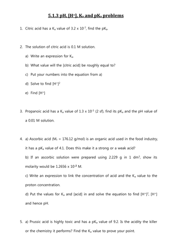 pH, [H+], Ka and pKa calculations