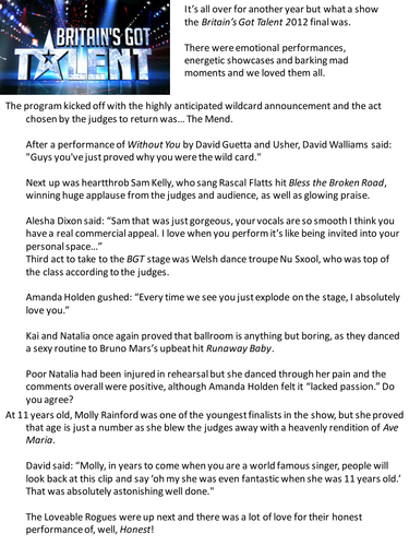 Britain's Got Talent reading assignment
