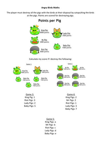 KS3 - Angry Birds Math - Algebra Worksheets